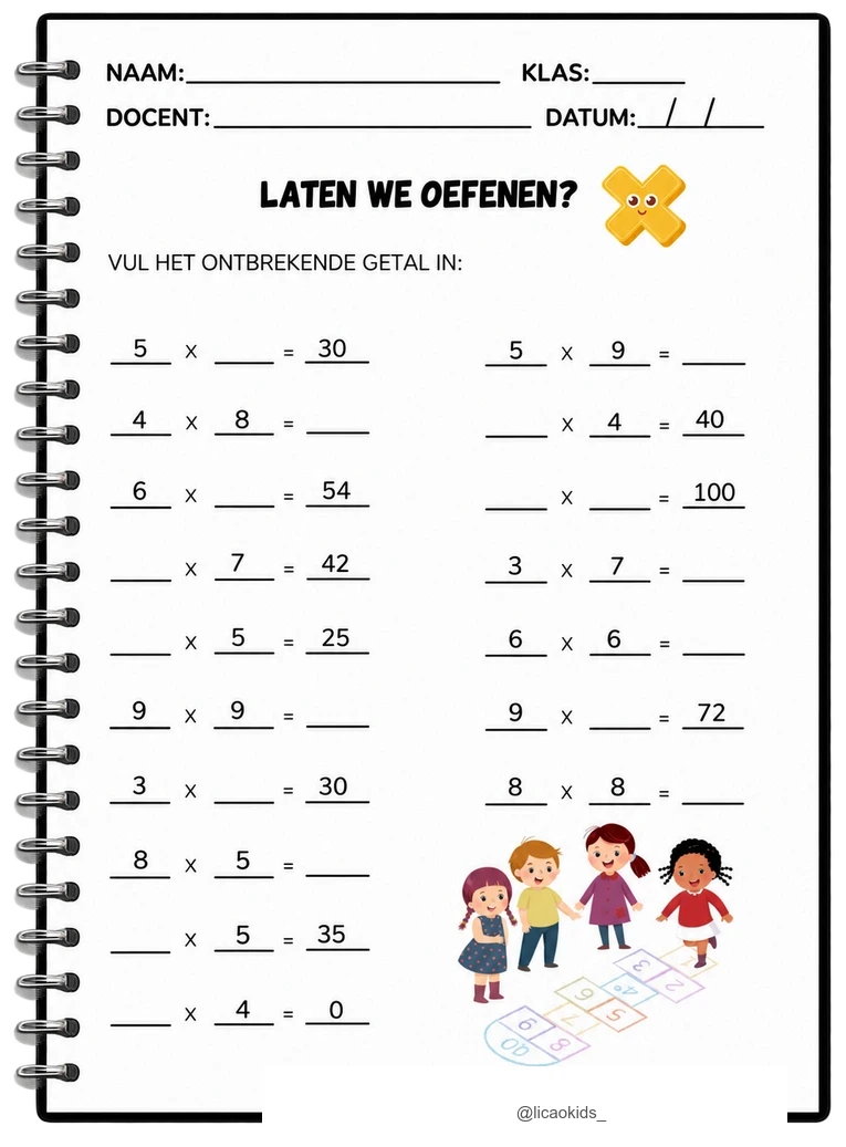 Werkblad ontbrekende getallen bij keersommen