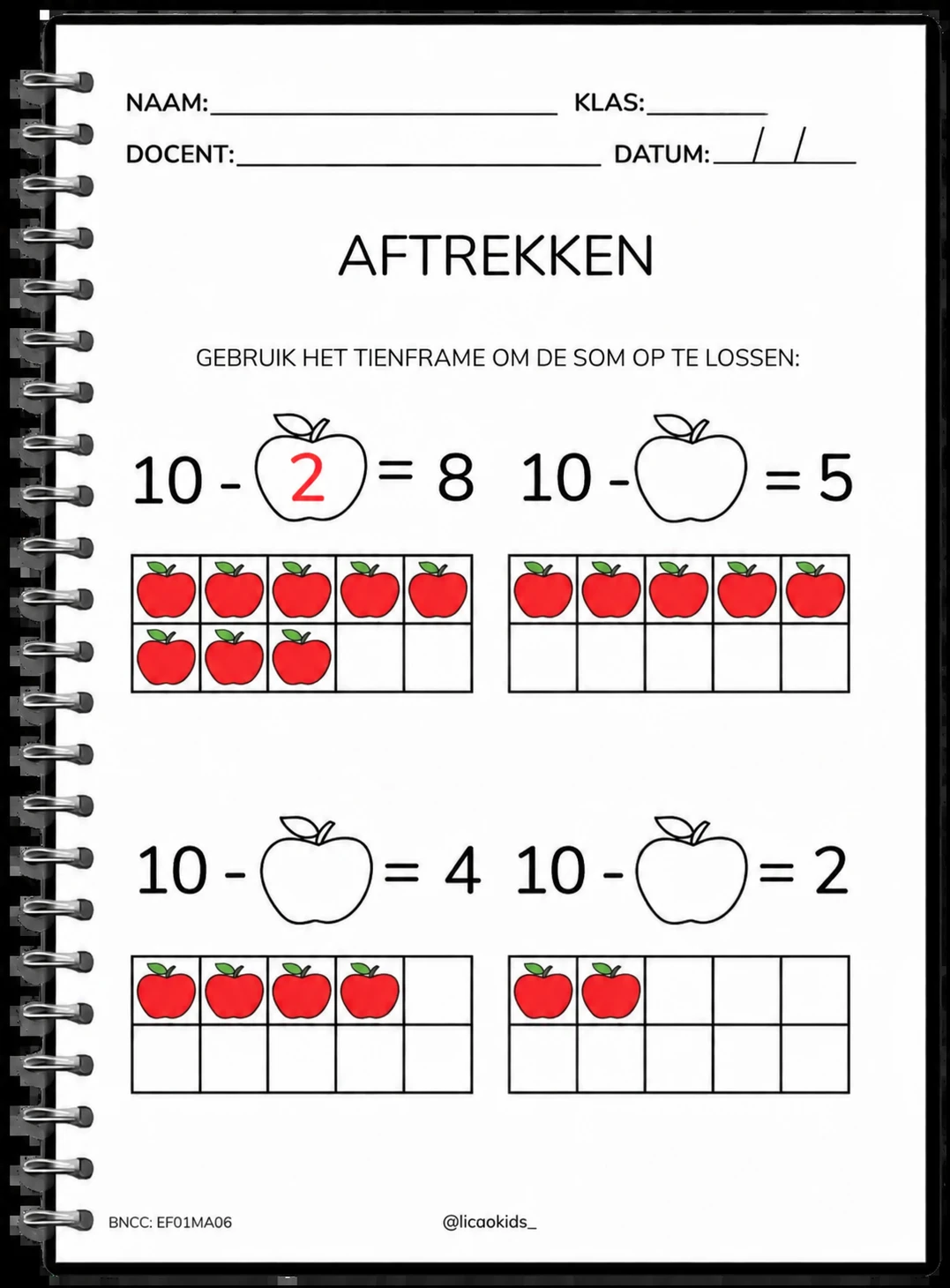 Werkblad aftrekken met een tienframe